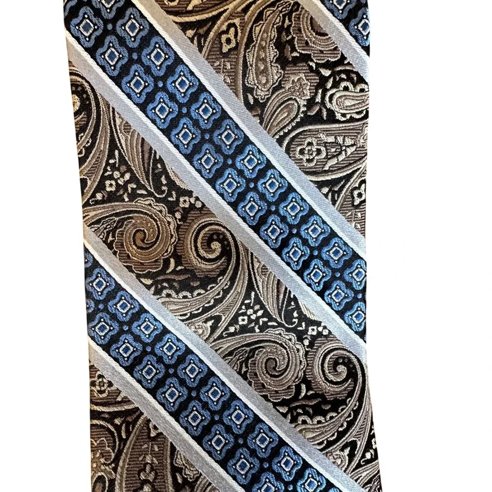 Pronto Uomo Men Paisley Diagonal Stripe‎ Silk Tie Blue Brown Black Silver Formal